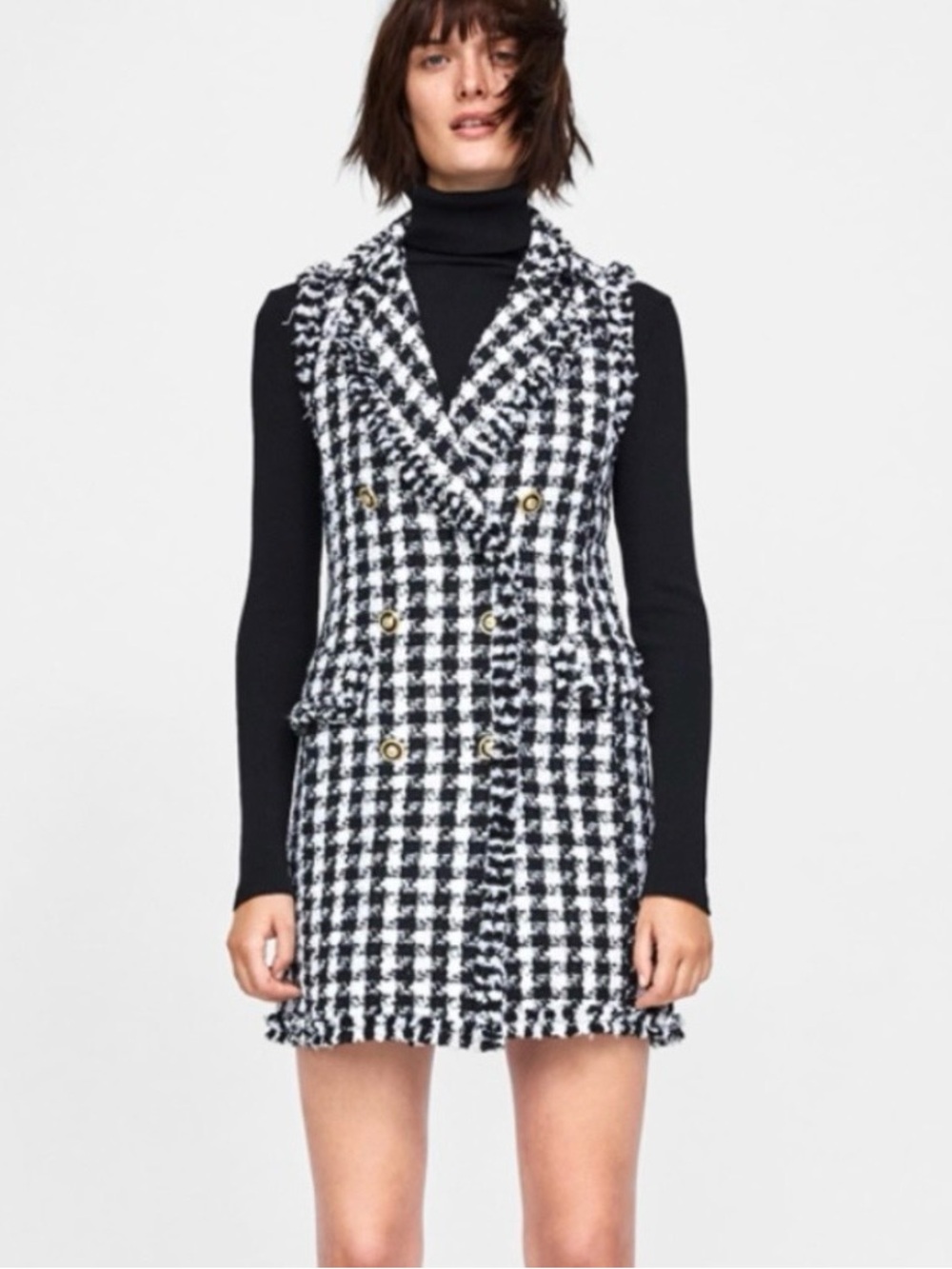 Zara Black and White Tweed Blazer Dress in Houndstooth size S